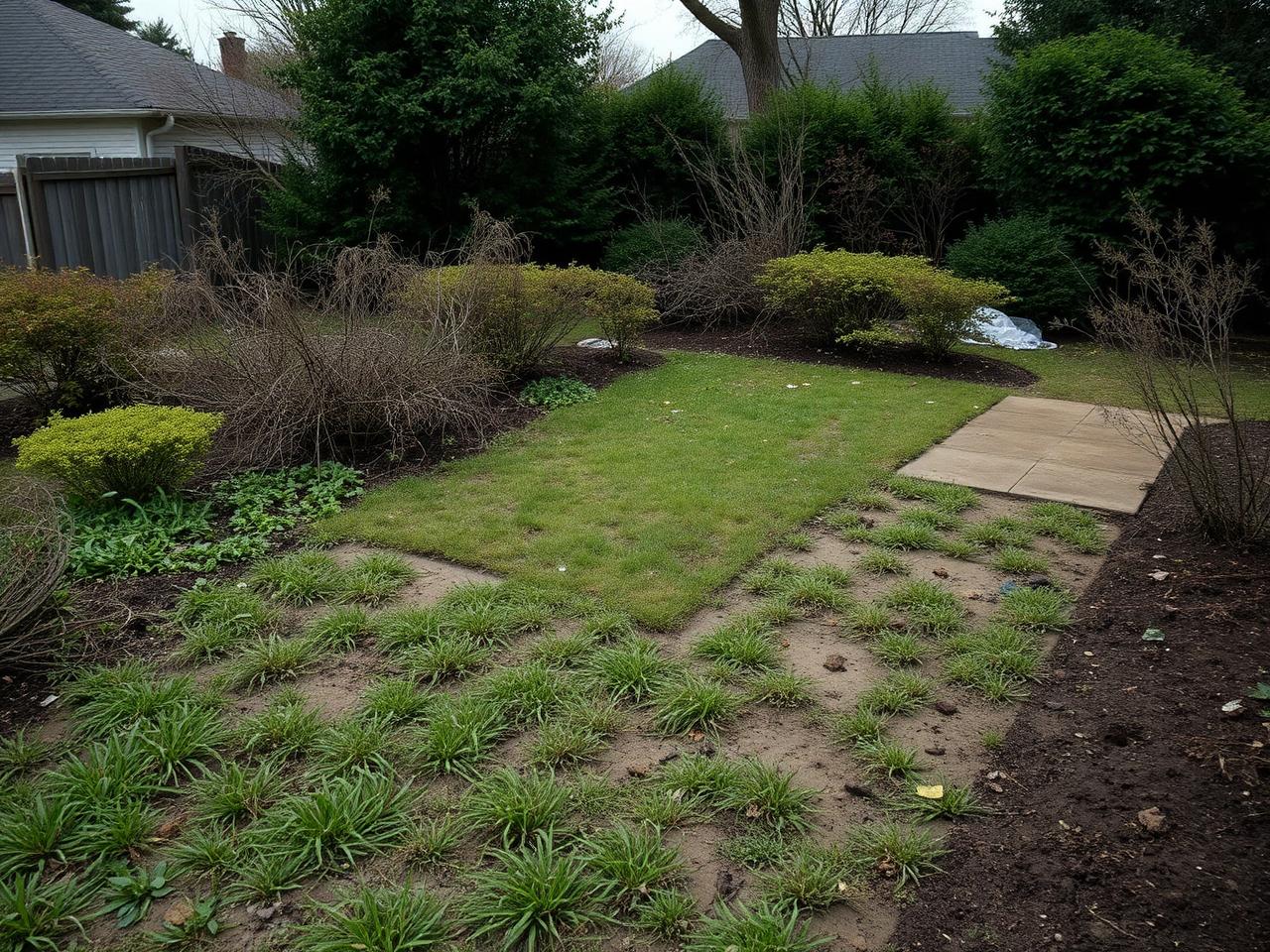 Overgrown backyard before landscaping