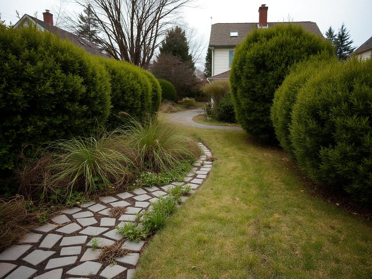 Overgrown front yard with weedy stone path