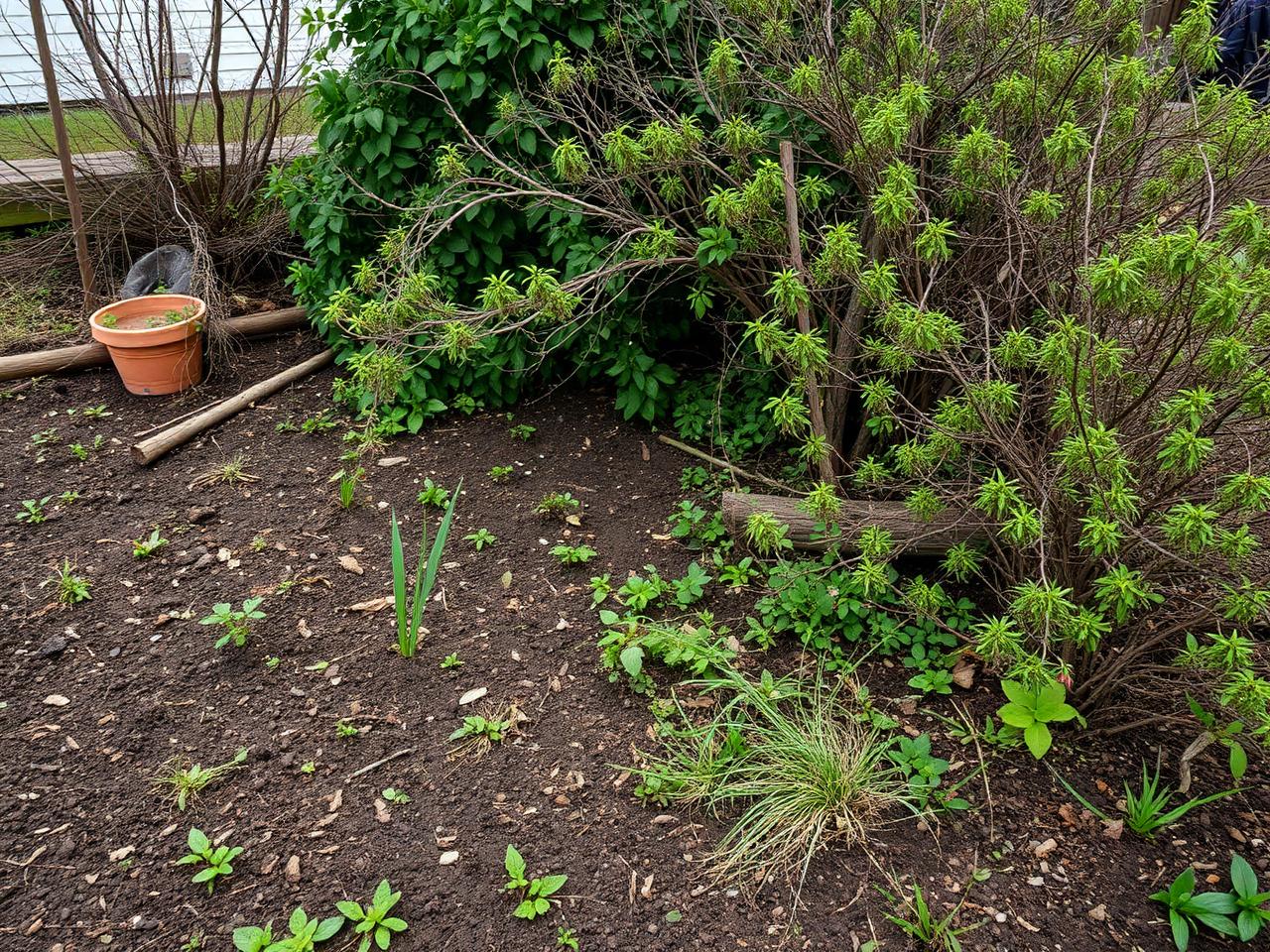 Neglected garden bed with bare soil and weeds