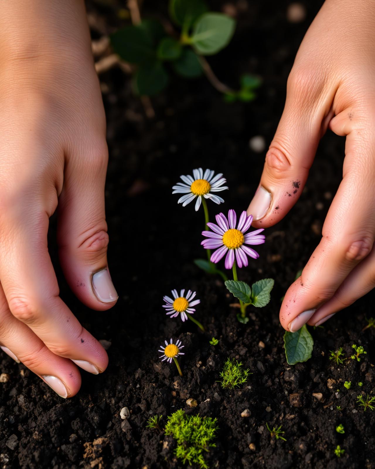 Hands gently planting native flowers in dark soil