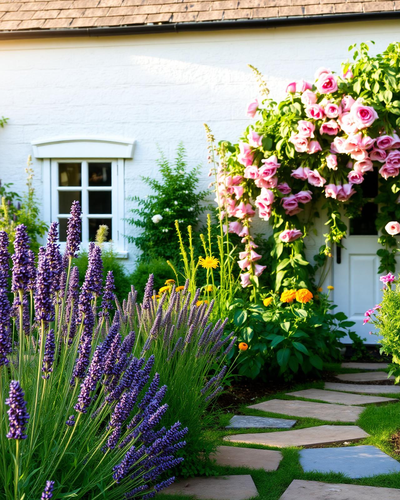Cottage-style garden with stone path and lavender